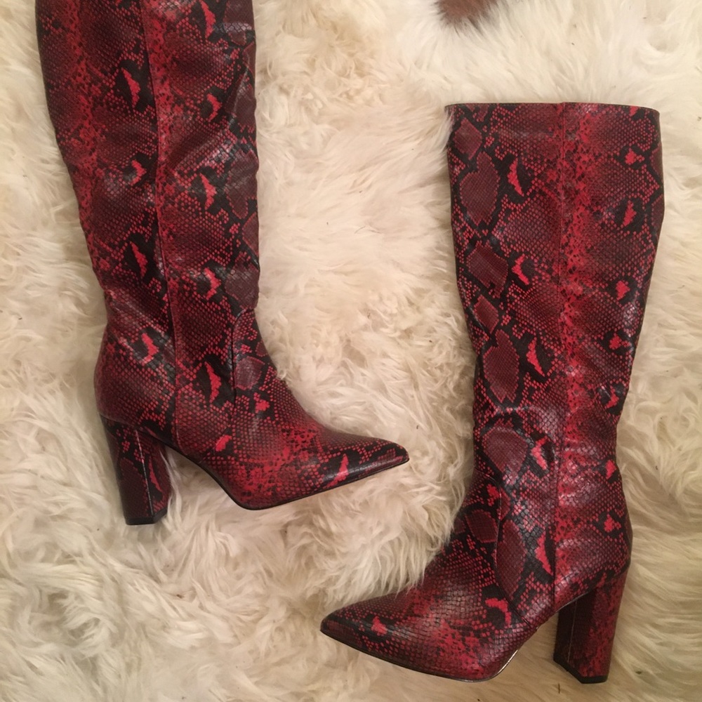 Catherine Malandrino Red Snake Heel Knee Boots